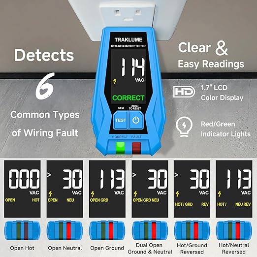 Outlet Tester with LCD Display Receptacle Tester with GFCI for Standard 3-Wire 110-125V AC Electrical Outlet Test Plug in Electric Polarity Tester for Socket Test Outlet Checker for Grounding