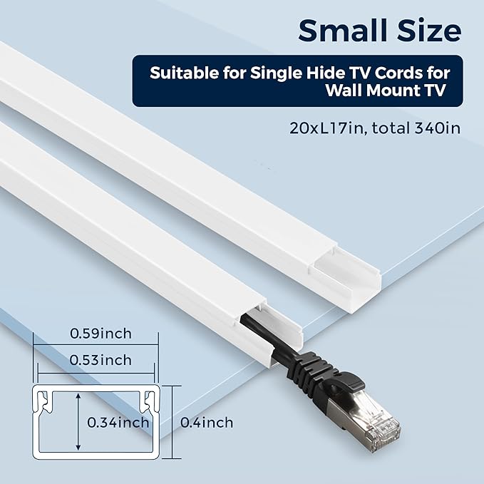 340in Cord Covers for Wires on Wall, One-Cord Wire Covers for Cords, Small White Cord Hider Wall, LZEOY Cable Raceway Wire Hider for Cords, Paintable Cable Concealer - 20x L17 W0.59in H0.4in