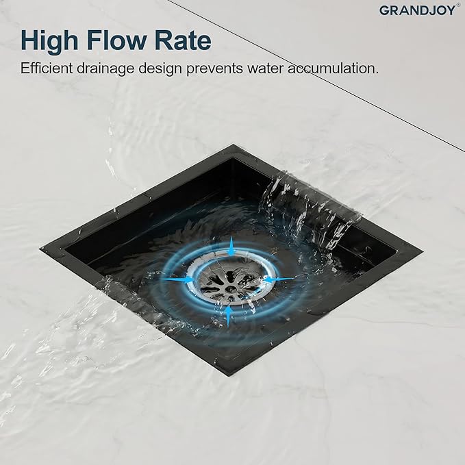 6 Inch Square Shower Floor Drain, Matte Black SUS304 Stainless Steel Grid Grate with X-Shaped High Flow Channel, Anti-Clogging Hair Strainer, Standard 2" Outlet