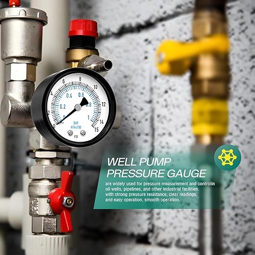 0-15PSI Well Pump Pressure Gauge 2" Dial Size, 1/4" NPT Back Mount, 3-2-3% Accuracy, for Tube, Water Pump, Gas, Liquid, Pressure Test
