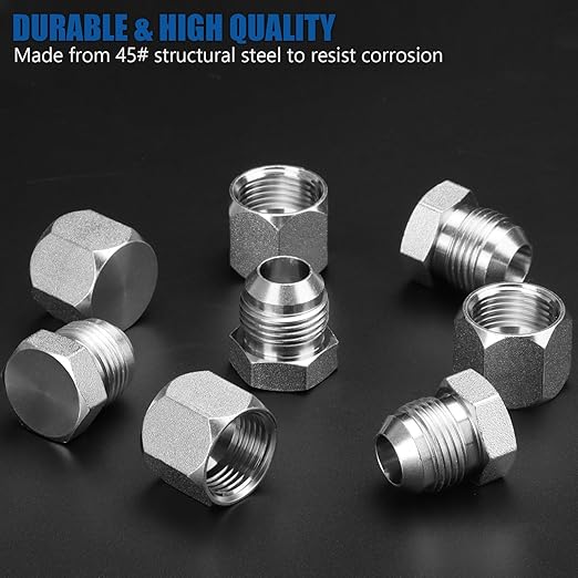 XJX 72-Piece JIC 37° Cap and Plug Kit, Hydraulic Hose Caps and Plugs Kit 45# Steel Pipe Fitting Set with Precision Threads