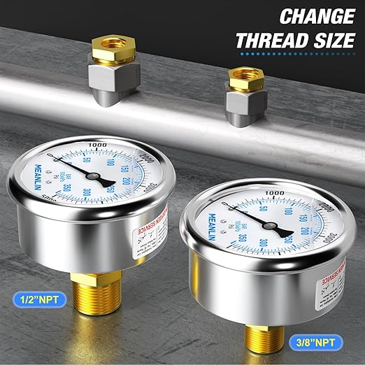 MEANLIN MEASURE 0~5000Psi Stainless Steel 1/4" NPT 2.5" FACE DIAL Liquid Filled Pressure Gauge WOG Water Oil Air Center Back Mount, with 1/2" NPT and 3/8" NPT Hex Bushing