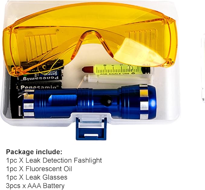 AC Leak Detector Kit Automotive, Auto Air Conditioner Flashlight Leak Detector Tool , Fluorescent Protective Glasses Air Conditioning Accurate Leak Detector Kit, UV Oil Dye Leak Detection Kit (L)