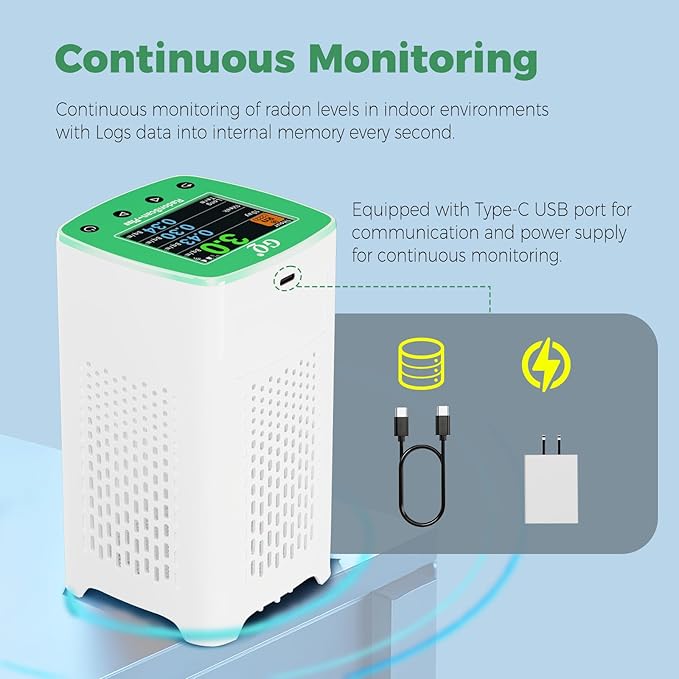 Remote Monitoring GQ RadonScan-Plus Radon Gas Digital Detector Worldwide Fast Accurate Detection Simple Big Display USA Product Real-time Data App Online Data Logging & Sharing