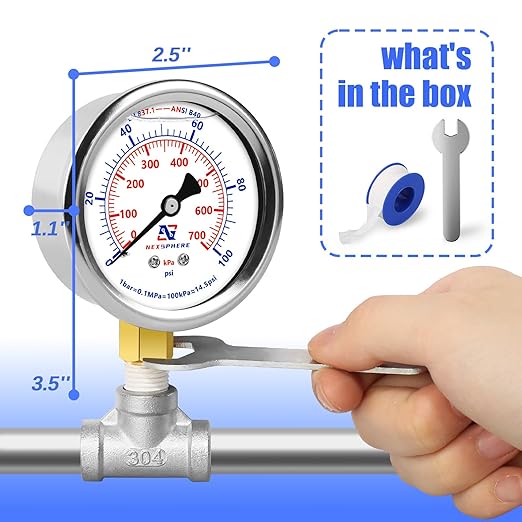 100 PSI Liquid Filled Pressure Gauge, 1/4 NPT Lower Mount, 2.5" Dial, 304 Stainless Steel Case, Glycerin Filled Plumbing Pressure Gauge, for Home Air/Oil/Water Pressure Test