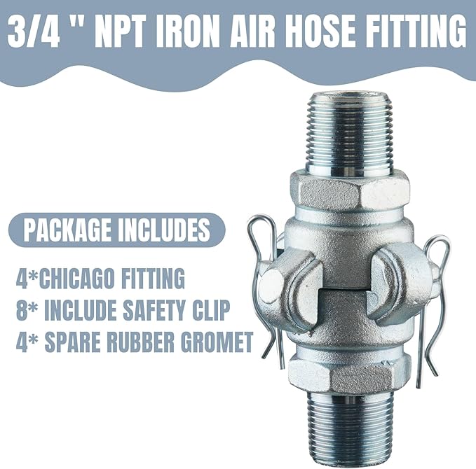 Therwen 4 Sets 3/4 Inch Chicago Air Fittings Npt Iron Air Hose Fitting 2 Lug Universal Coupling for Female and Male End(Male End)