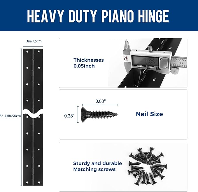 Black Piano Hinge 36 Inch x 3 Inch Heavy Duty Stainless Steel Piano Hinge Continuous Hinge for Cabinet, Door, DIY Wood Boxes, 0.05" Leaf Thickness