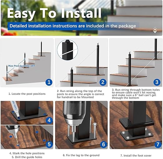 Upgraded 36 Inch Swageless Stair Cable Railing Post(35"x2"x2") Fit 28-38 Degree Stairway, T304 Stainless Steel Wire Metal Post with Cable Grommets, Outdoor Finish for Stair Railing Outdoor