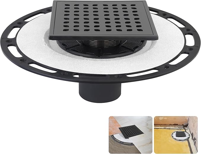 Square Shower Drain, 6-Inch Matte Black Kit with Bonding Flange, Removable Stainless Steel Grate & Hair Strainer, Fits 2" & 3" Pipes for Tiled Floors