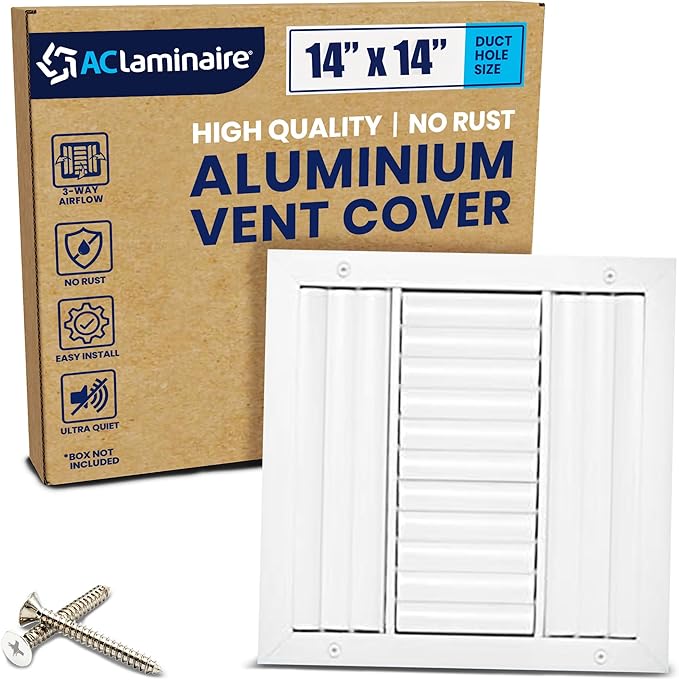14x14 Inch (Duct Opening) Aluminum 3-Way Air Flow Vent – HVAC Vent Cover for Wall or Ceiling – Quiet HVAC Wall Register with Multi-Shutter Damper – Adjustable Curved Blade - Plastic Seal for Tight Fit