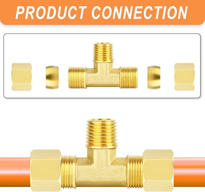 GASHER 2PCS Brass Compression Tube Pipe Fitting Connector, Tee，12mm x 12mm x 12mm Tube OD Connector