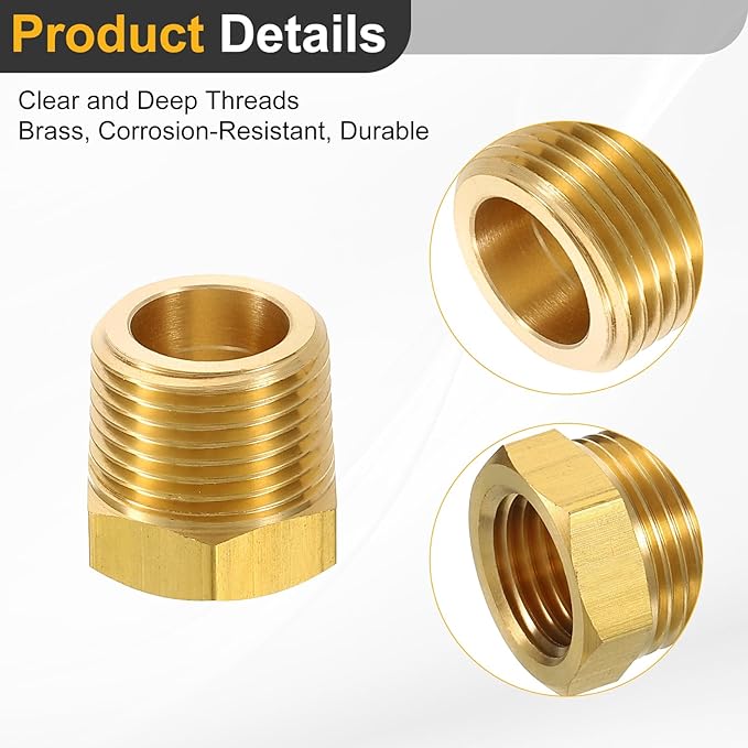 uxcell 2Pcs 3/8 BSPT Male x 1/4 NPT Female Brass Reducer Hex Bushing Threaded Pipe Fitting, Brass Threaded Pipe Fitting Adapter for Water, Gas, Oil Pipeline Systems