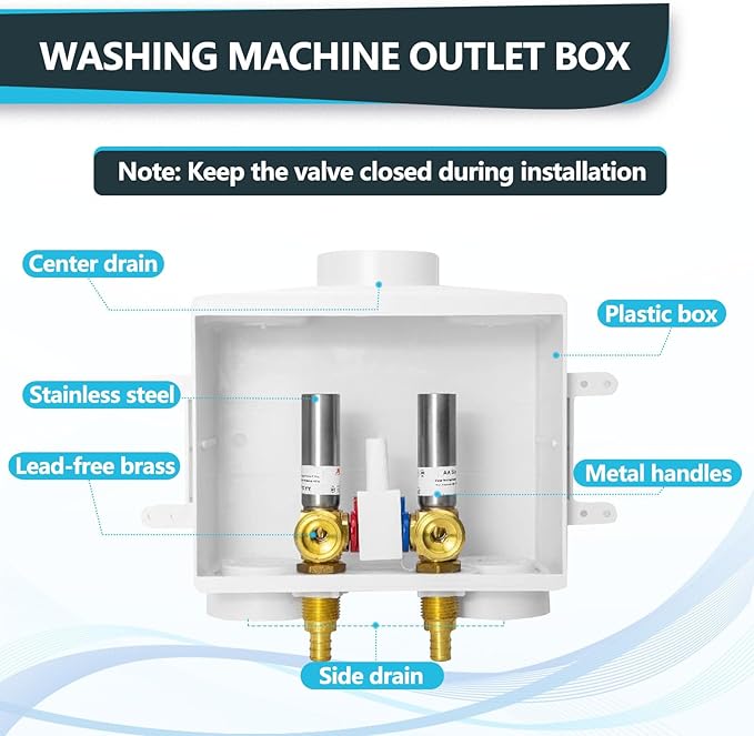 Washing Machine Outlet Box, Center Drain/Side Drain, 1/2 Inch Pex Crimp Inlet x 3/4 Inch MHT Outlet Connection, with Stainless Steel Water Hammer Arrestor (Pack of 50)