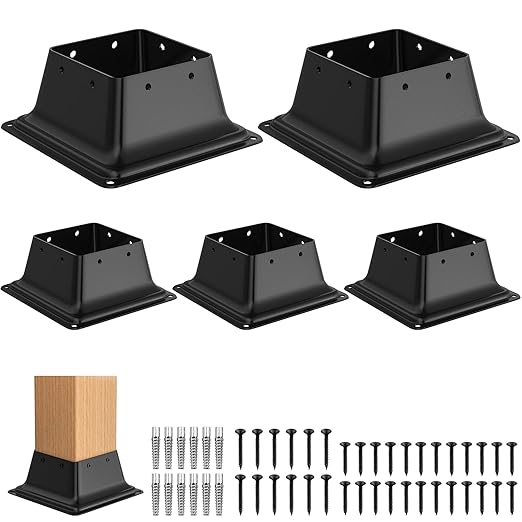 4x4 Post Base 5Pcs,Heavy Duty 4x4 Post Bracket Fit 3.5"x3.5" Standard Lumber, Steel Deck Post Base for Deck Porch Handrail Railing Support with Screws