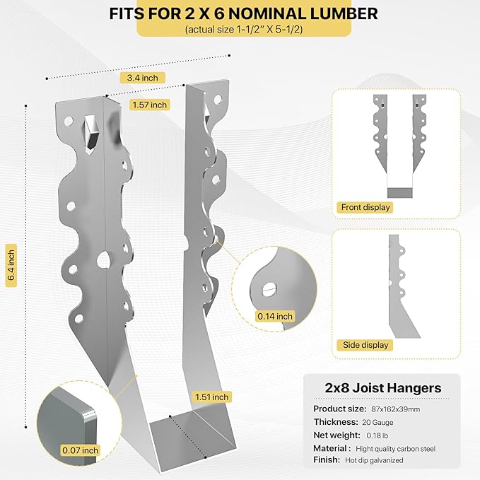 25 pcs 2x8 Joist Hanger,LU28 20 Gauge Double Shear Face Mount Joist Hanger,Hurricane Ties for Rafters Tie Brackets Great for Floor Deck and Ceiling Joists