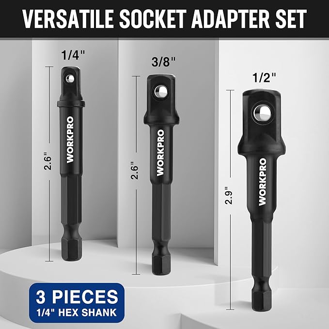 WORKPRO 7 Pieces Impact Socket Adapter Set, Includes 3 Pieces 1/4" Hex Shank Drill Extension Set (1/4", 3/8" and 1/2") and 4 Pieces Impact Socket Adapter and Reducer Set