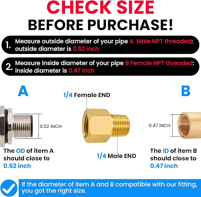 SDTC Tech 2-Pack Brass Pipe Fitting 1/4 NPT Thread Male to 1/4 NPT Thread Female Reducer Adapter, Brass Pipe Extension Connectors