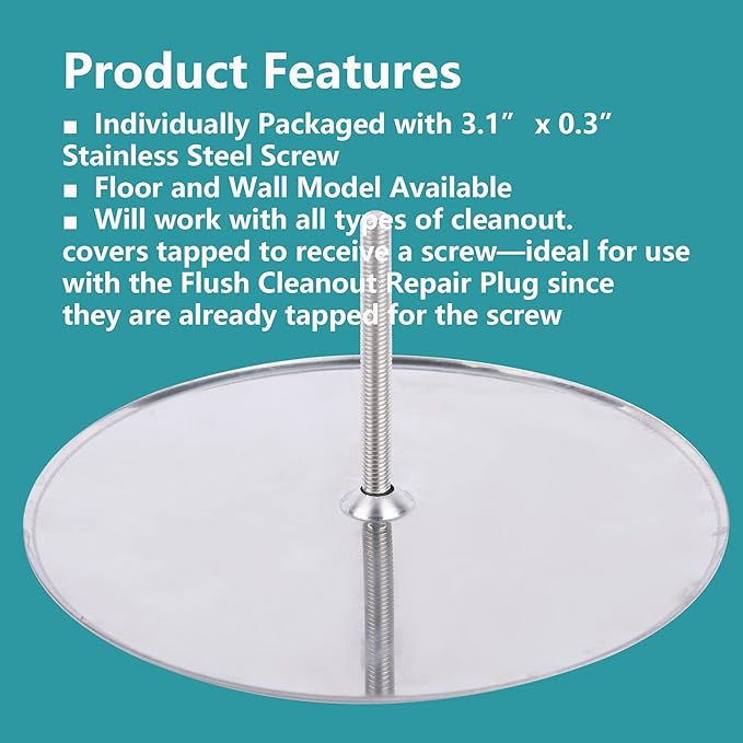 7" Decorative Cleanout Access Covers Plate, Flat Design Cover and Seals CO2530-SS7 For Back Deck Drains and Plug Hole with Large Center Securing Screw, Stainless Steel, Round