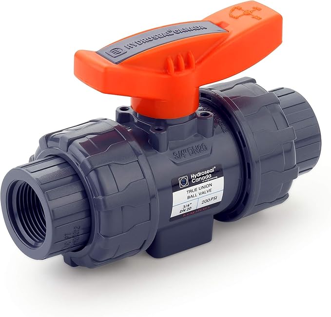 HYDROSEAL Kaplan 3/4” PVC True Union Ball Valve Threaded (NPT) with Full Port, ASTM F1970, EPDM O-Rings and Reversible PTFE Seats (3/4'')