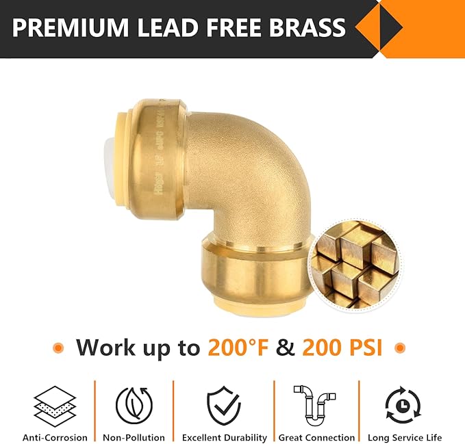 5-Pack HeSun Pushfit 90 Degree Elbow, 1" x 1" Push to Connect Plumbing Fittings with Disconnect Clip, Brass Push-fit Fittings for PEX, Copper, CPVC, PE-RT Pipes(PF050-5)