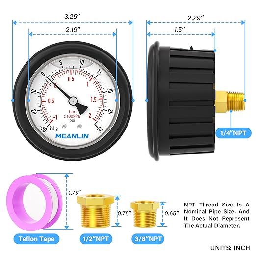 MEANLIN MEASURE -30inHG~30Psi Stainless Steel 1/4" NPT 2.5" FACE DIAL Vacuum Pressure Gauge, Center Back Mount (with Rubber Protective Sleeve), with 1/2" NPT and 3/8" NPT Hex Bushing