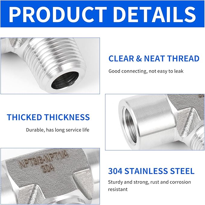 2 piece,NPT1/4 Female - NPT3/8 Male - NPT1/4 Female tee, 3WayConnector, Fabricate of 304 Stainless Steel.