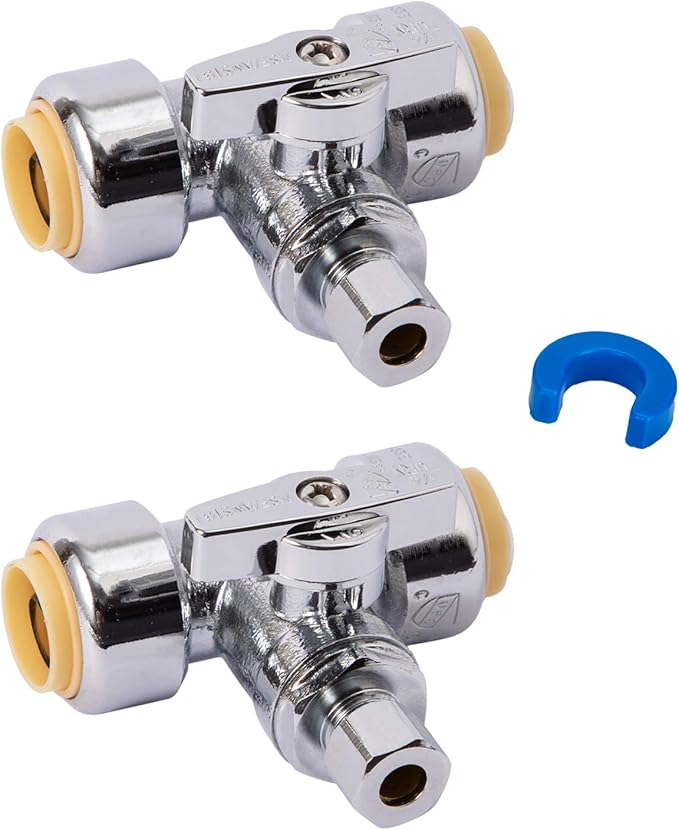 SUNGATOR Service Tee Stop Valve, 1/2 Inch Ptc x 1/2 Inch Ptc x 1/4 Inch Compression, No Lead 1/4 Turn Push Fit Water Valve Shut Off with Disconnect Clip, Push-to-Connect PEX, Copper, CPVC (2-Pack)