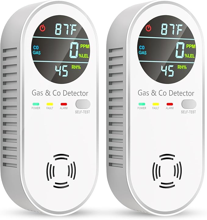 Carbon Monoxide Detectors & Natural Gas Detector, 4-in-1 Carbon Monoxide Detectors Plug in, Gas Leak Detector with Dual Alarms, Temperature & Humidity Sensor for Home, RV, White, 2 Pack