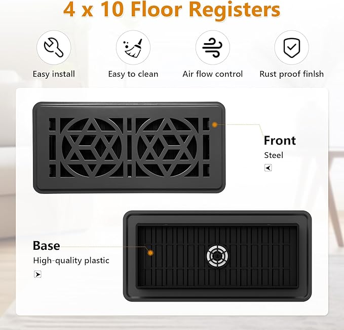 Floor Vent Covers 4 Pack, Floor Register 4x10, Heavy Duty Walkable Steel Vent Cover, Adjustable Decorative Vent Covers for Home Floor Ceiling or Sidewall Vent, Rust-Proof Finish (Black-4 Pack)
