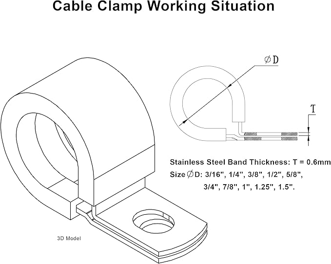 1/2" Cable Clamp Stainless Steel Rubber Cushioned Insulated Metal Clamp, Tube Holder for Tube, Pipe or Wire Cord Installation (12 Pack)