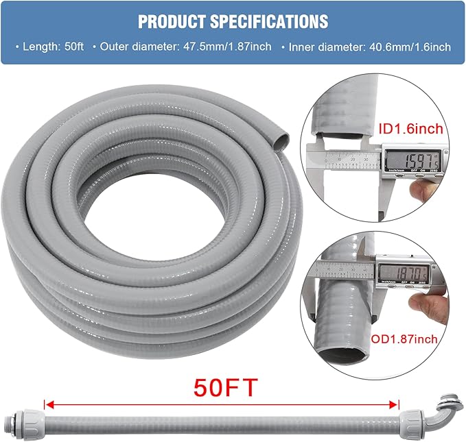 DWALE Liquid-Tight Conduit and Connector Kit,Flexible Non Metallic Liquid Tight Electrical Conduit,1-1/2inch50ft Electrical Conduit Kit,with 4Straight and 3 Angle Fittings Included,1-1/2 in. Dia