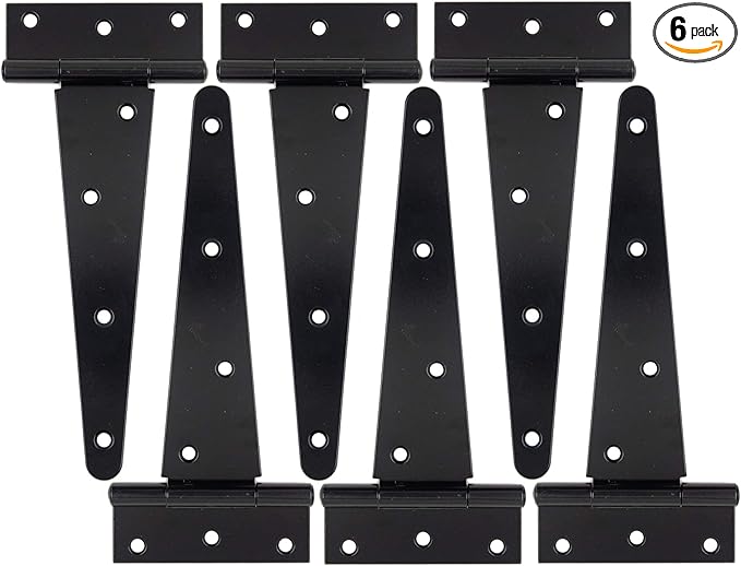 HLMOptimo Heavy Duty T Hinge Tee T Strap Shed Gate Barn Fence Door Hinge Wrought Rustproof All Size Black (6 pcs, 8 inch)