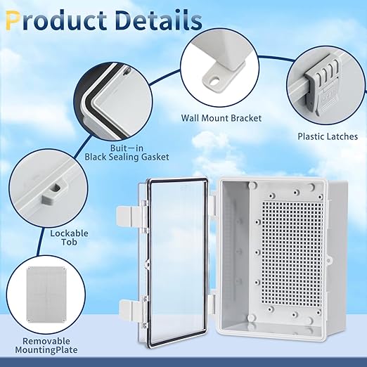 Electrical Junction Box Waterproof Outdoor Box Wall Brackets for Power Project Weatherproof Plastic Enclosure for LED Lights, Solar Panels, and Surveillance Cameras Clear (8"x6.1"x3.9")