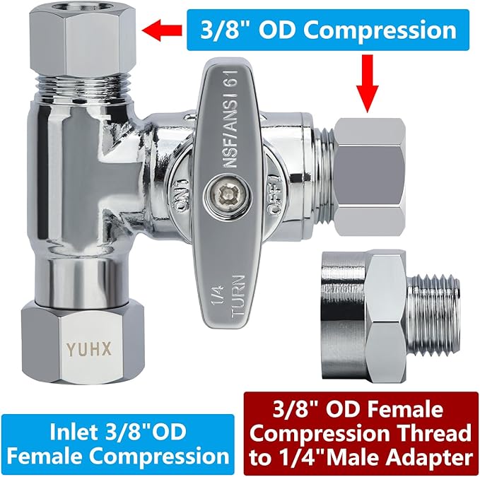 YUHX Brass Angle Stop Add-A-Tee Valve, 3/8 Inch Compression Outlet Easy Connect 3 Way Diverter 3/8"x3/8"x1/4" or3/8"Ice Maker RO System T
