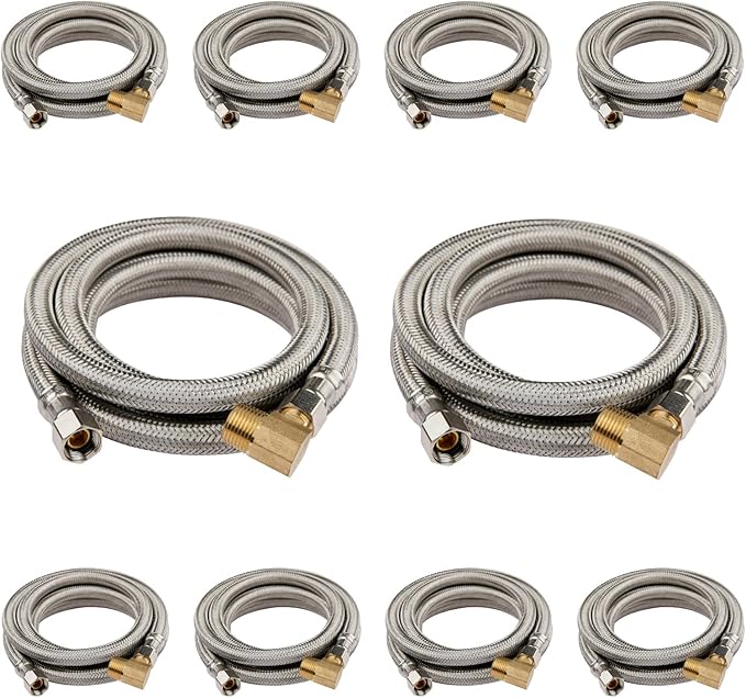 (10 Pack) Seelink 10FT Stainless Steel Dishwasher Hose, 3/8" COMP x 3/8" MIP 90 Degree Elbow, Brust Proof Water Supply Line