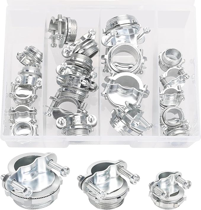 Hromee Cable Connectors, 20PCS 1/2" 3/4" 1” Clamp Type Cable Connectors Assortment for Metallic Conduit Protect Cables