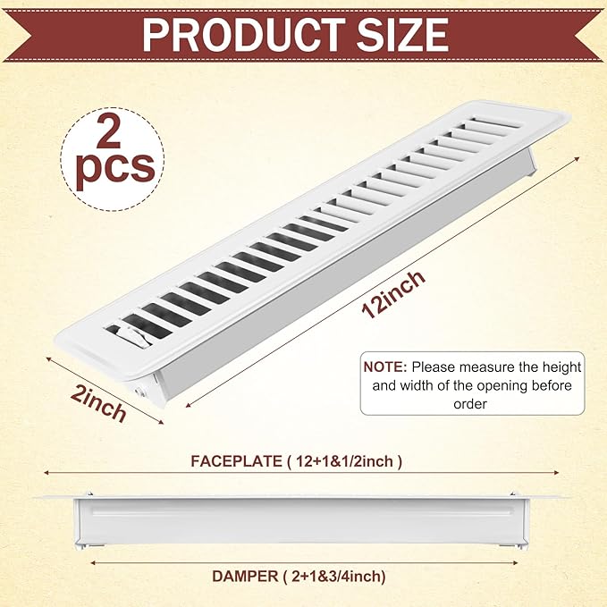 Tandefio 2 Pcs 2" x 12" Floor Register Vent Covers Metal Heavy Duty Walkable Floor Air Vent Covers with Rust Proof Finish Grille Easy Adjust Air Supply Lever for Home Wall Ceiling (White)