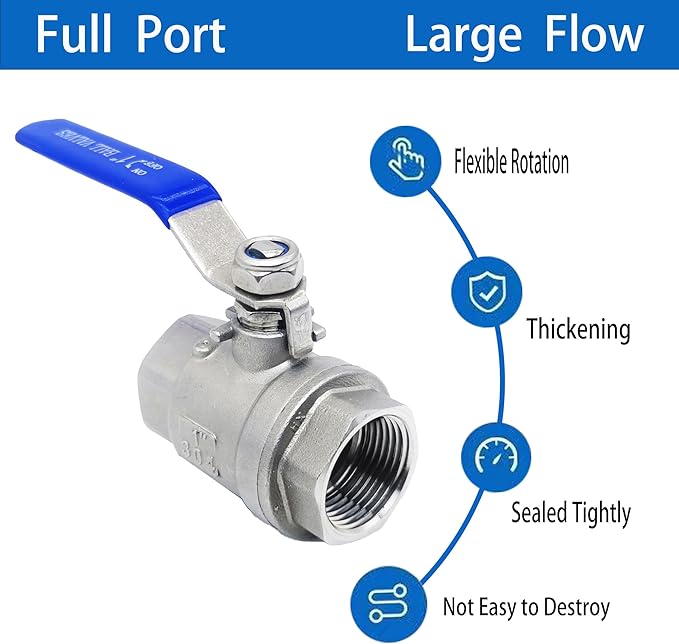 Full Port Ball Valve 1" NPT Heavy Duty Stainless Steel 304 For Water,Oil and Gas with Blue Handles（1000WOG）