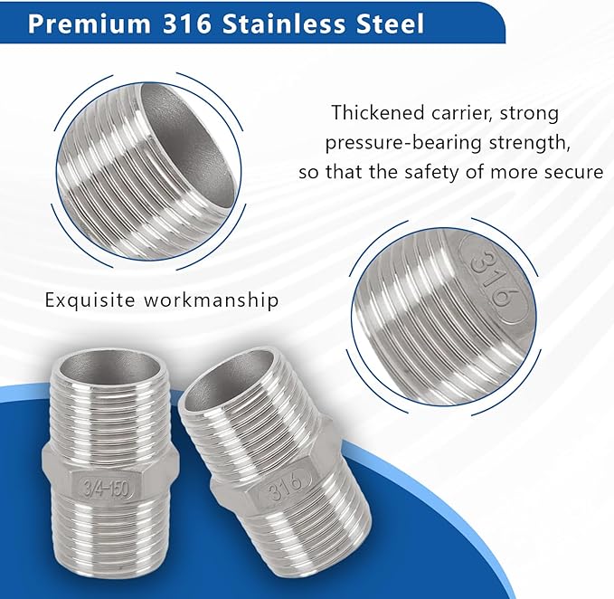 3/4" Male to 3/4" Male Hex Nipple Adapter, 316 Stainless Steel 3/4 Inch NPT Threaded Pipe Fitting, Heavy Duty Coupling for Plumbing Systems, Oil, Gas & Steam (2-Pack)