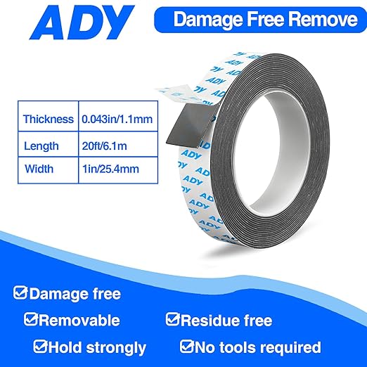 ADY Removable Double Sided Foam Tape Heavy Duty 1in x 20ft,Adhesive Foam Tape for Walls,Damage Free Picture Hanging Adhesive Strips for Office Rent Room, Poster Mounting Tape