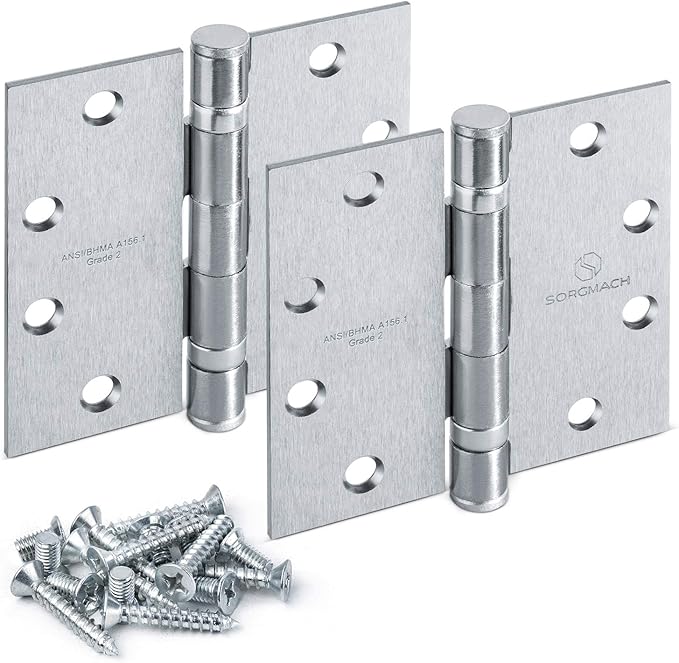 Satin Chrome 4.5 Inch Commercial Hinges Square Radius Corners Brushed Silver Door Hinges 4 ½"x 4 ½" Ball Bearing Door Hinges for Interior Exterior Door - 3 Pack