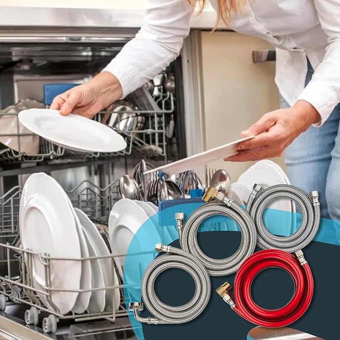 (1 Pack) Seelink 10FT Stainless Steel Dishwasher Hose, 3/8" COMP x 3/8" MIP 90 Degree Elbow, Brust Proof Water Supply Line