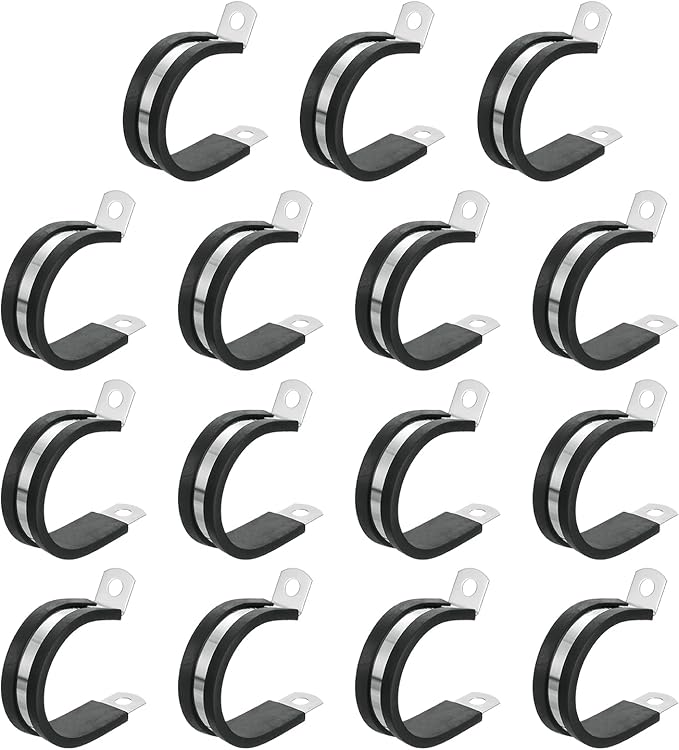 uxcell 1-3/8"(34mm) Cable Clamp, 304 Stainless Steel Rubber Cushioned Insulated R Shape Metal Clamp Tube Holder for Pipe Hose Wire Cord Installation 15Pcs