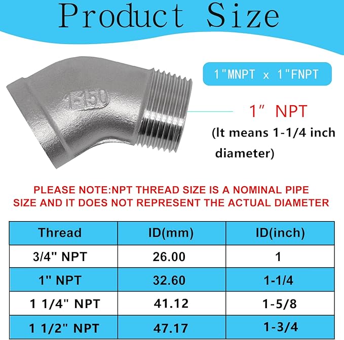1PCS 304 Stainless Steel 45 Degree Elbow, 1" NPT Male Pipe to 1" NPT Female Coupler, Heavy Duty Forged Street Elbow Adapter Pipe Fittings, Class 150