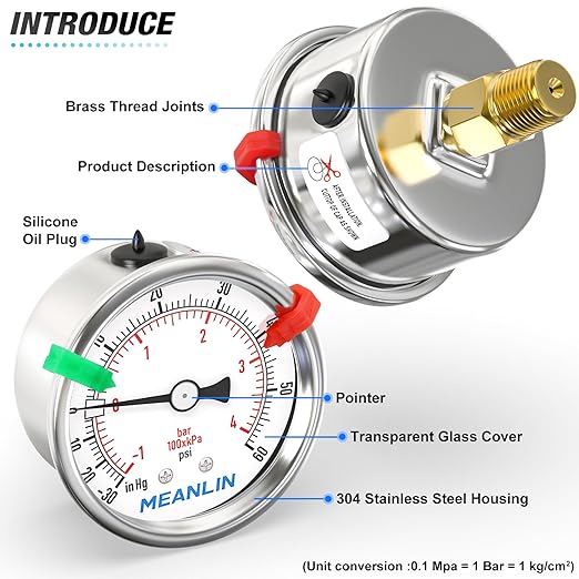 MEANLIN MEASURE -30inHG~60Psi Vacuum Gauge Stainless Steel 1/4" NPT 2" FACE DIAL Waterproof for Air Compressor HVAC Negative Pressure Hand Pump Pool Center Back Mount (with 2PCS Snaps)