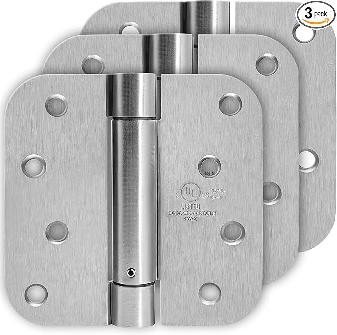 4 Inch Self Closing Satin Nickel Door Hinge 5/8" Radius Corner 3pack, Adjustable Tension for Garage, Front Door, Back Door, Left and Right Hand Door, UL Listed