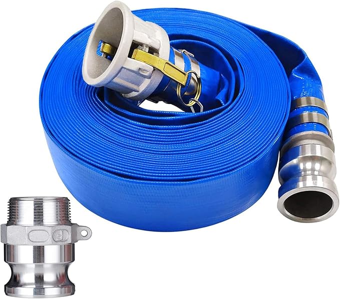 2" x 50' Blue PVC Discharge Hose with Camlock C and E Fittings, Cam Lock Fitting Type F included Heavy Duty Water Hose, Durable Reinforced Pool Drain Hose for Swimming Pools
