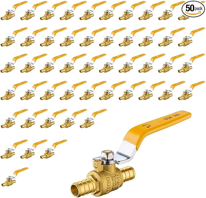 50 Pack Ball Valves, 1/2" Pex Crimp Shut Off Valve Yellow, Brass Full Port Pex B Shut Off Ball Valve for Hot and Cold Water, NSF/ANSI 61 Certified