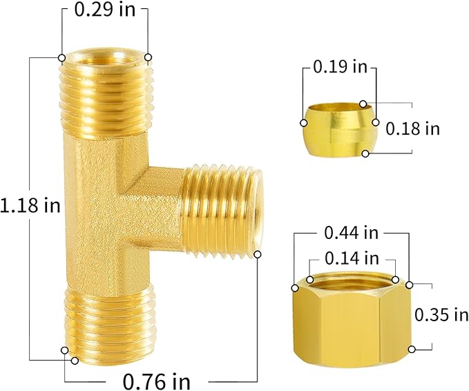ChillWaves Brass Tee Compression Tube Fitting, 1/8" OD x 1/8" OD x 1/8" OD Compression Union Connector(5-PACK)