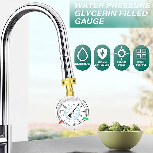 0-100PSI Stainless Steel Water Pressure Glycerin Filled Gauge, 2.5" Dial Size, 3/4" Brass Female Lower Mount, with Sealing Ring, Home Water Pressure Tester (with Range Mark Pointer)